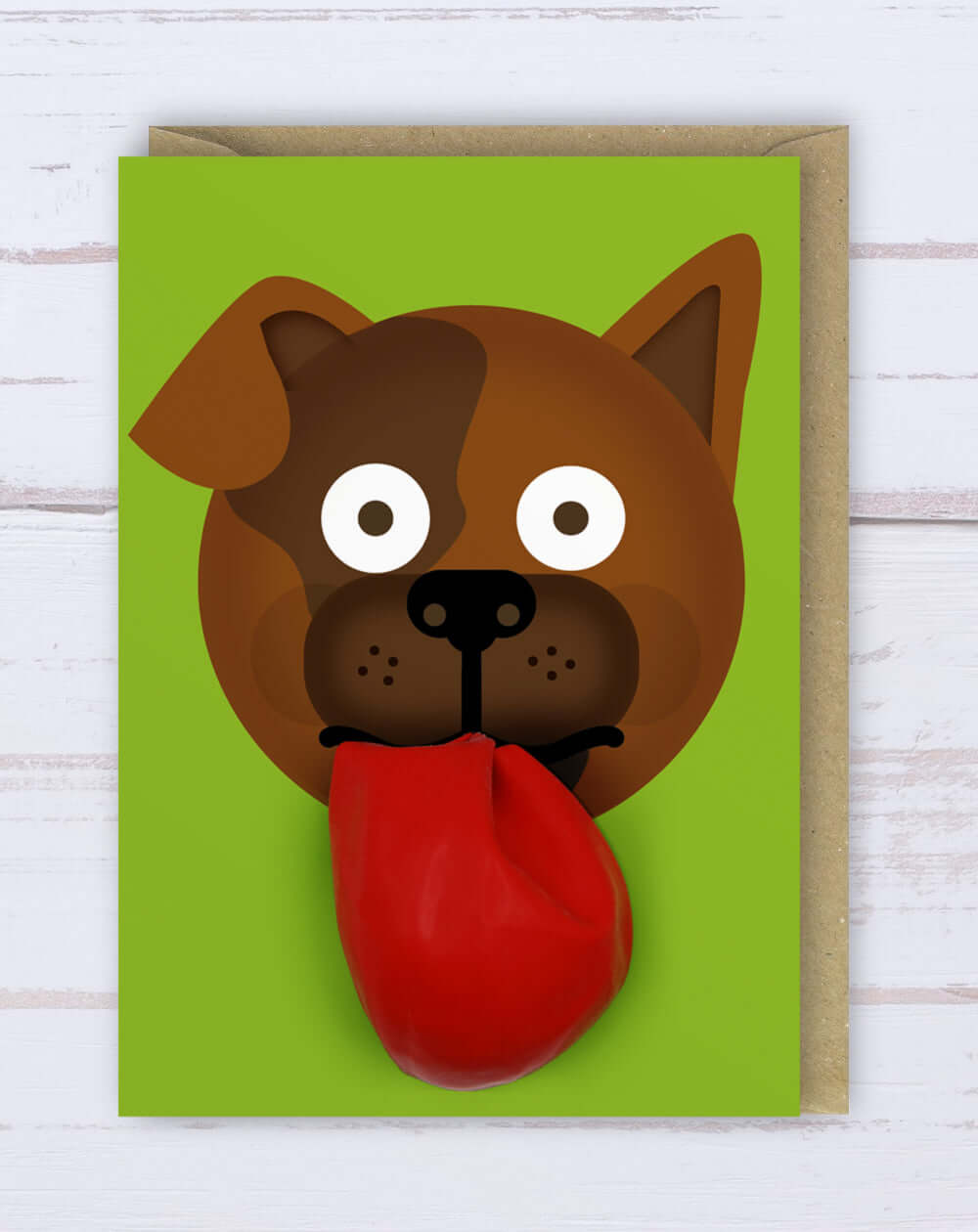 Brown Dog with red balloon tongue handing out